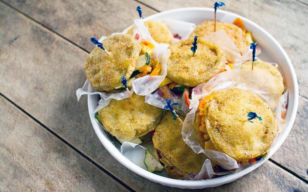 Fried Green Tomato and Hummus Stacks by 67 Biltmore Downtown Eatery and Catering in Asheville, NC