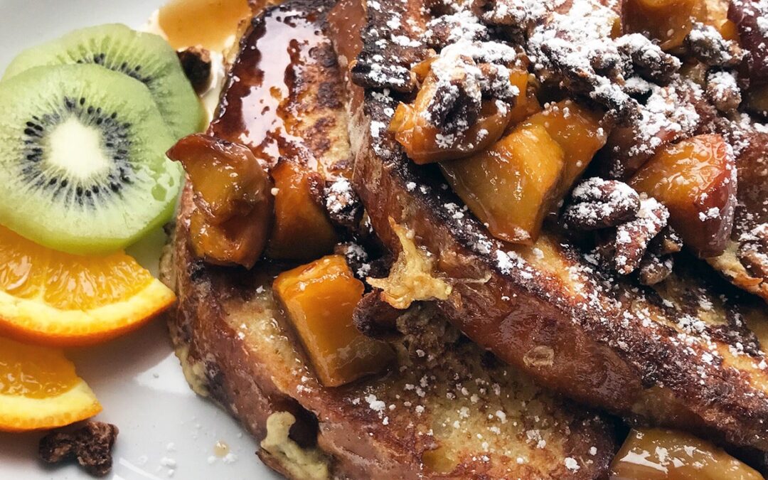 french toast with peach topping crop